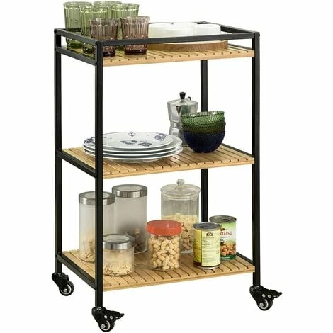 SoBuy 3 Tiers Metal Bamboo Drinks Serving Trolley Kitchen Shelf FKW65-N 1 SoBuy 3 Tiers Metal Bamboo Drinks Serving Trolley Kitchen Shelf FKW65-N