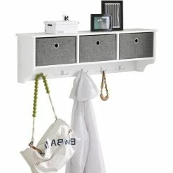 SoBuy White Wood Wall Storage Cabinet Unit With 3 Baskets & Hooks FRG282-W