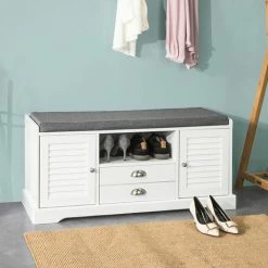 SoBuy Shoe Rack Shoe Cabinet Shoe Bench Hallway Storage Bench With Seat Cushion,FSR71-W -SOBUY Shop 13379423 3