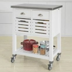 SoBuy White Kitchen Trolley Kitchen Serving Trolley Storage Trolley With Stainless Steel Worktop,FKW83-W