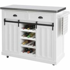 SoBuy New Kitchen Storage Trolley Kitchen Cabinet Kitchen Island With Stainless Steel Top And Sliding Doors,FKW94-W