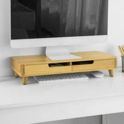 SoBuy 2 Drawers Bamboo Monitor Stand Computer Screen Monitor Stand Monitor Riser Desk Organizer,BBF06-N