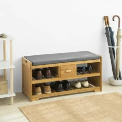 SoBuy Bamboo 2 Tiers Shoe Rack Shoe Bench With Seat Cushion, Hallway Shoe Storage Bench With Drawer,FSR75-N