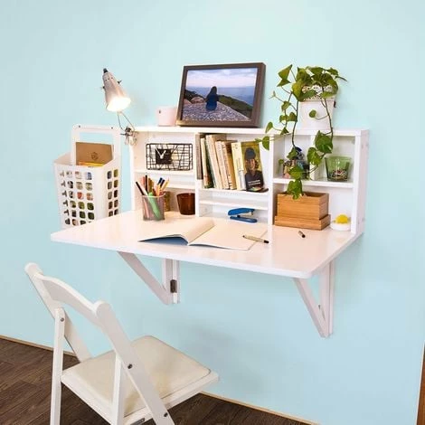 SoBuy Folding Wooden Wall-Mounted Drop-Leaf Table Desk Integrated With Storage Shelves,White ,FWT07-W 1 SoBuy Folding Wooden Wall-Mounted Drop-Leaf Table Desk Integrated With Storage Shelves,White ,FWT07-W