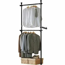 SoBuy FRG109-SCH, Black Telescopic Wardrobe Organiser, Hanging Rail, Clothes Rack, Adjustable Storage Shelving