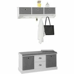 SoBuy Hallway Furniture Set, 3 Baskets Hallway Storage Bench With Wall Storage Cabinet,FSR66-HG+FRG282-W