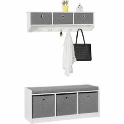 SoBuy Hallway Furniture Set, 3 Baskets Storage Bench And Wall Storage Cabinet,FSR65-DG-FRG282-W