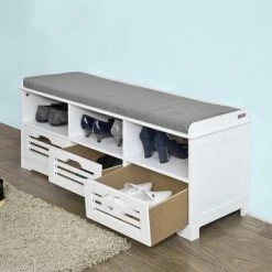 SoBuy Shoe Storage Bench With 3 Drawers, 3 Storage Cubes & Seat Cushion, FSR36-W -SOBUY Shop 6033768 3
