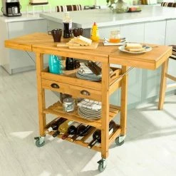 SoBuy Bamboo Kitchen Storage Trolley Cart With Folding Worktop, FKW25-N