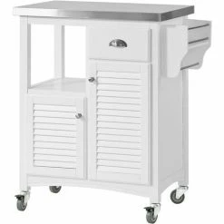 SoBuy Kitchen Storage Trolley, Stainless Steel Worktop & Louvre Door,FKW37-W