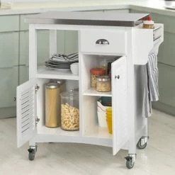 SoBuy Kitchen Storage Trolley, Stainless Steel Worktop & Louvre Door,FKW37-W -SOBUY Shop 6614191 4