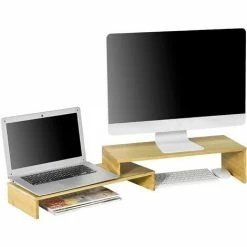 SoBuy 2 Tiers Bamboo Monitor Stand Computer Screen Monitor Stand Monitor Riser Desk Organizer,BBF07-N