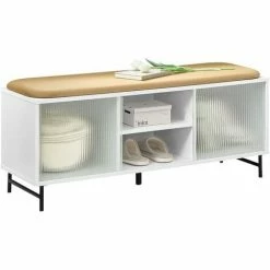 SoBuy Hallway Storage Bench Shoe Bench Shoe Rack With Glass Sliding Doors,FSR115-W
