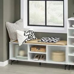 Alternative view of SoBuy Hallway Storage Bench Shoe Bench Shoe Rack With Glass Sliding Doors,FSR115-W