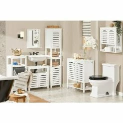 SoBuy Bathroom Tall Cabinet Cupboard With 2 Slatted Doors And 2 Shelves,BZR59-W -SOBUY Shop 71973133 5